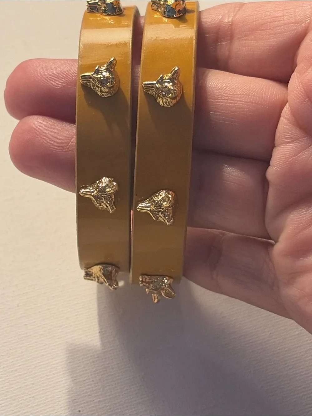 Tory Burch Mustard Patent Double-Wrap Bracelet with Gold Fox Studs